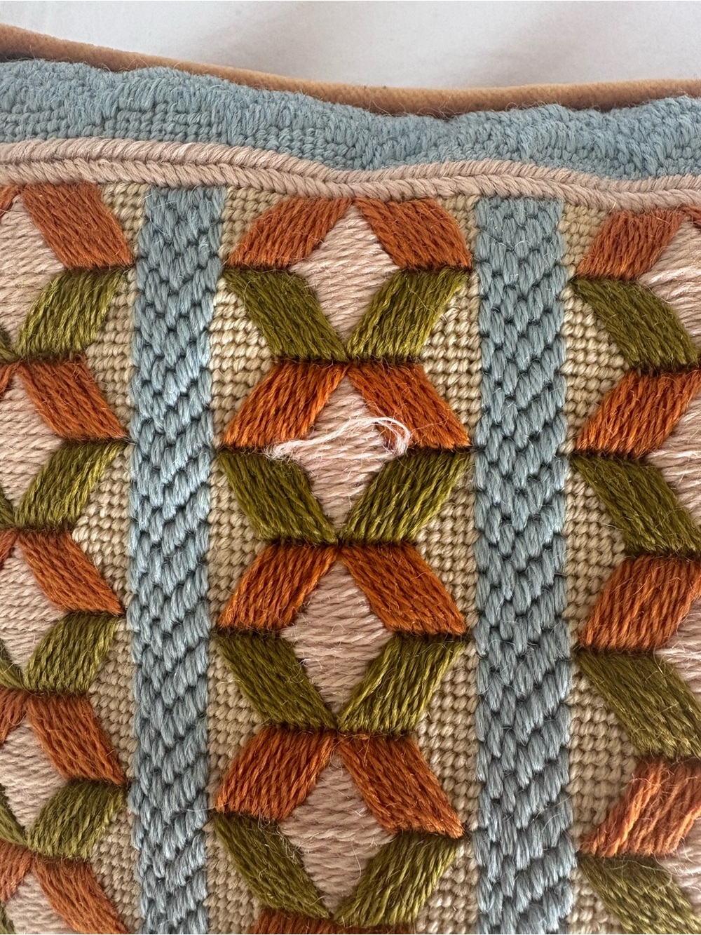 Vintage 1960s Handmade Needlepoint Pillow Geometric Wool Orange Velvet 16x13 MCM - Picture 2 of 8